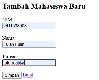 Output form tambah mahasiswa